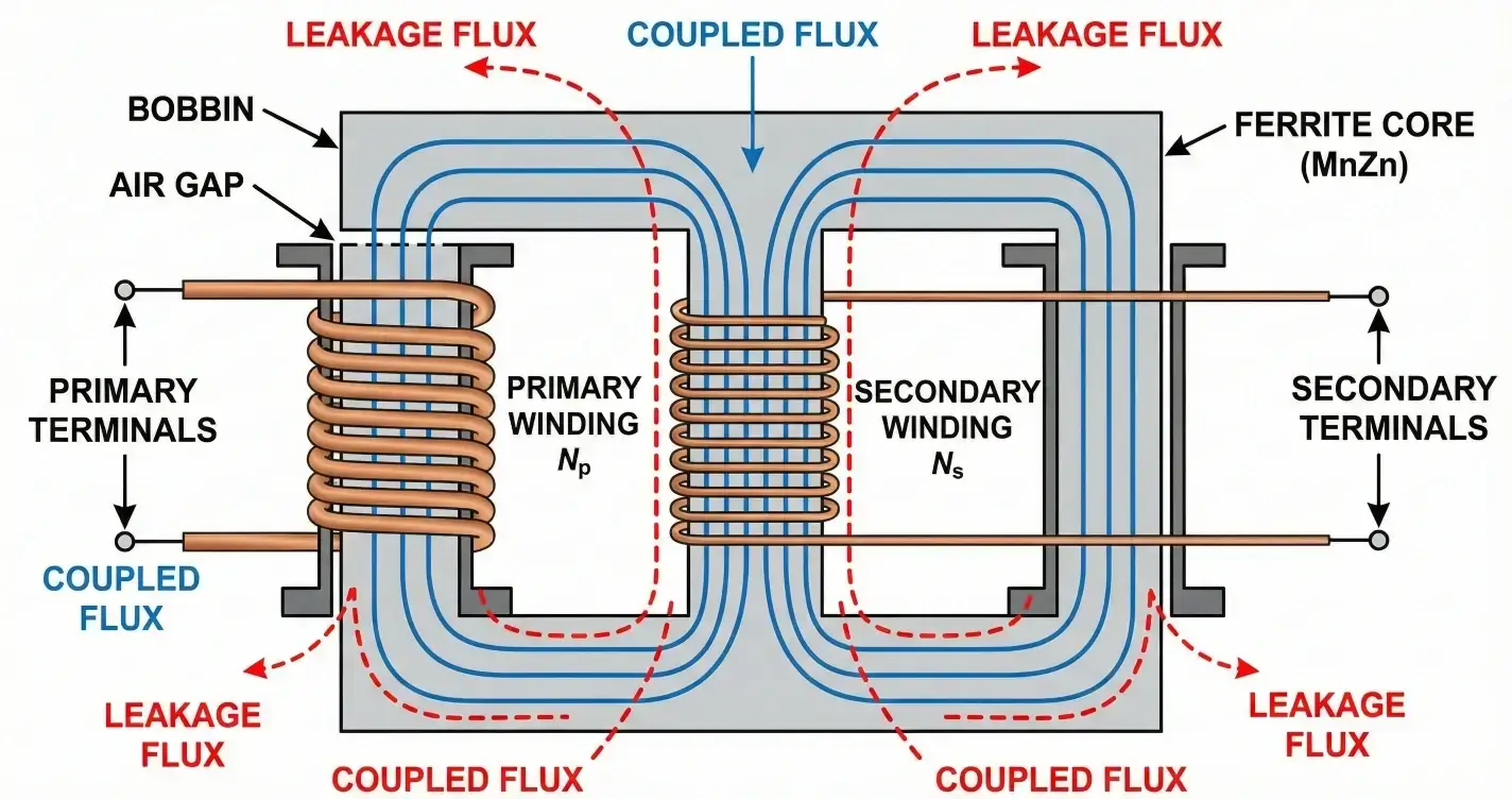 inductance magnetic flux paths in high-frequency transformers