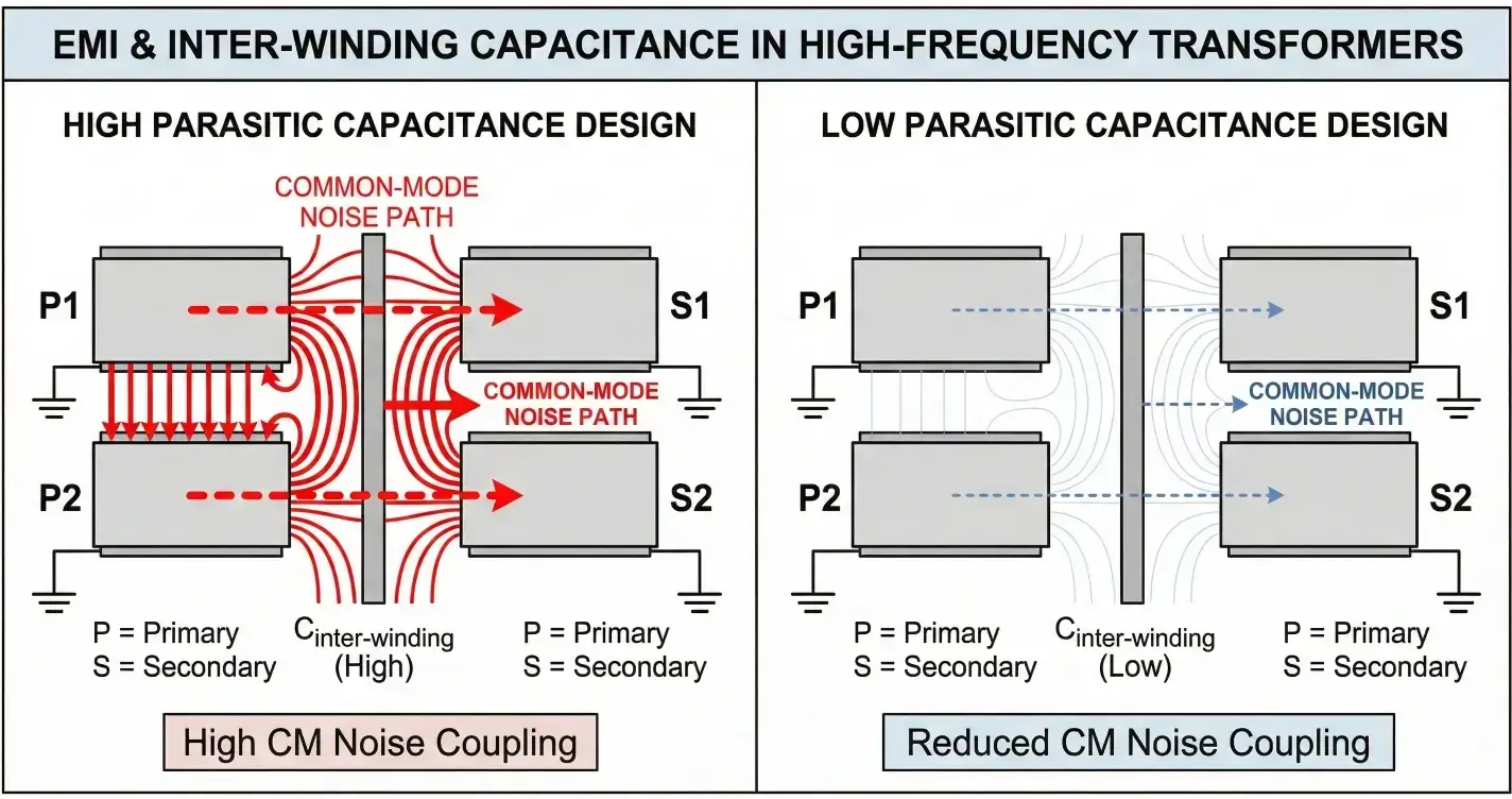 EMI coupling and parasitic capacitance in interleaved high-frequency transformers