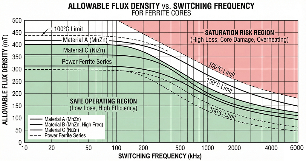 flux density limits versus frequency in high-frequency transformers