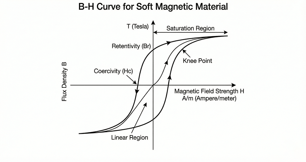 B-H curve and saturation behavior of transformer magnetic core