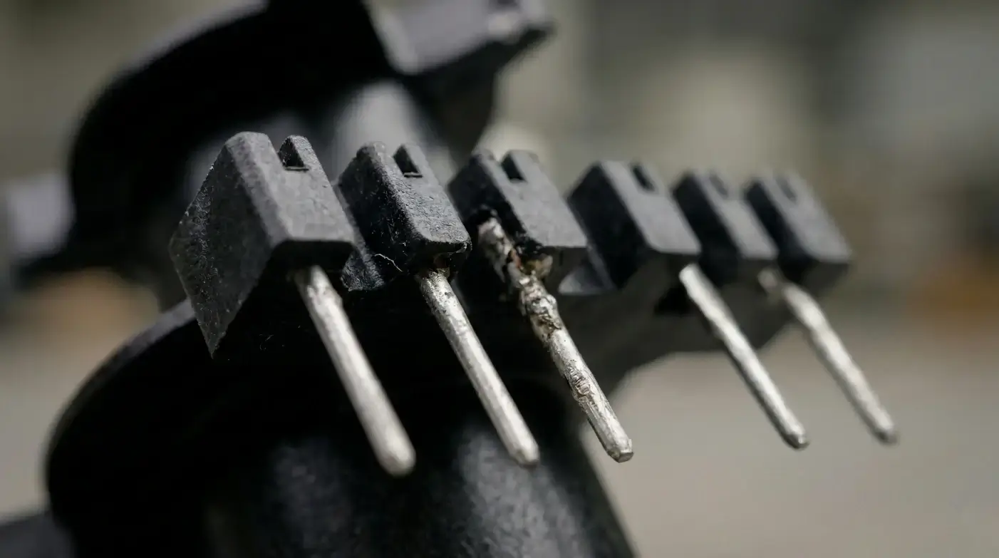 Extreme macro close-up of the tinned soldering pins and matte black surface of a high-precision PQ32 electronic transformer bobbin