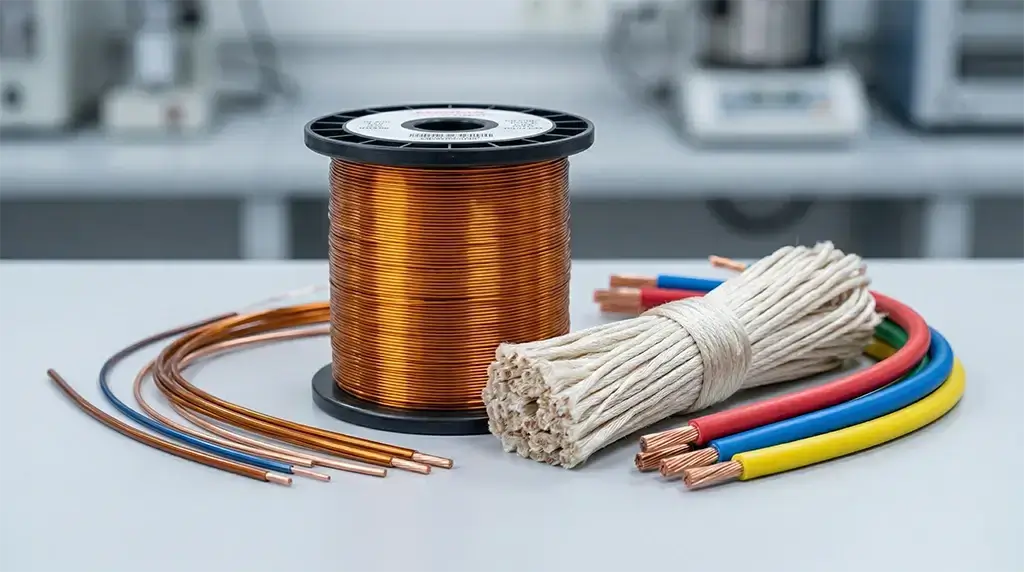 Close-up of diverse magnet wire types including enameled copper, Litz wire, and triple insulated wire for professional transformer winding.