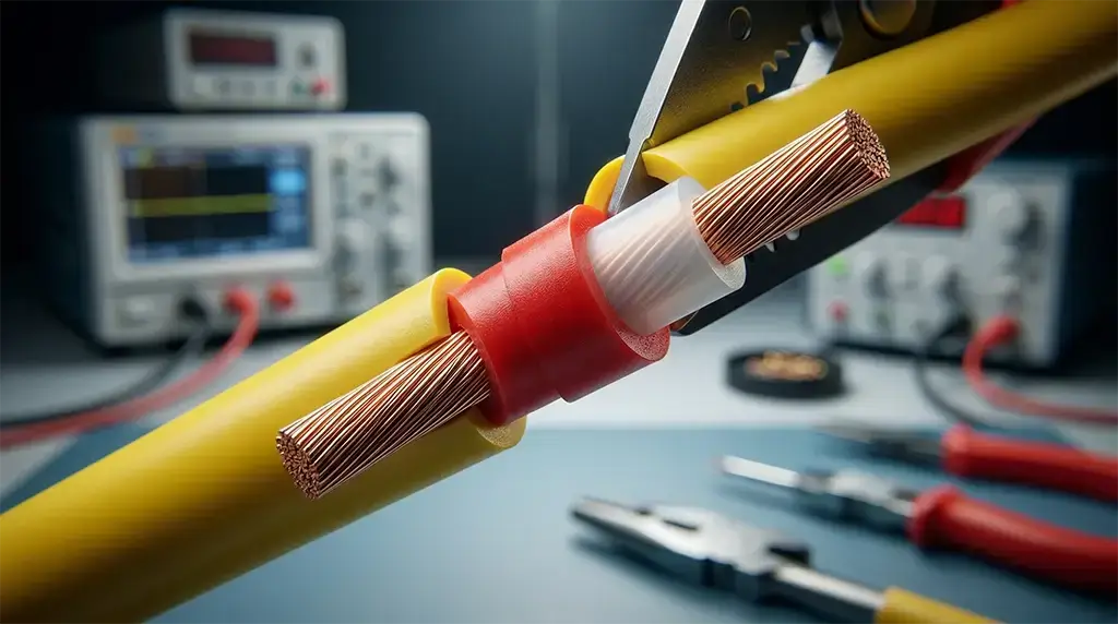 Macro photography showing the three distinct insulation layers of high-quality Triple Insulated Wire (TIW) used in safe transformer designs.