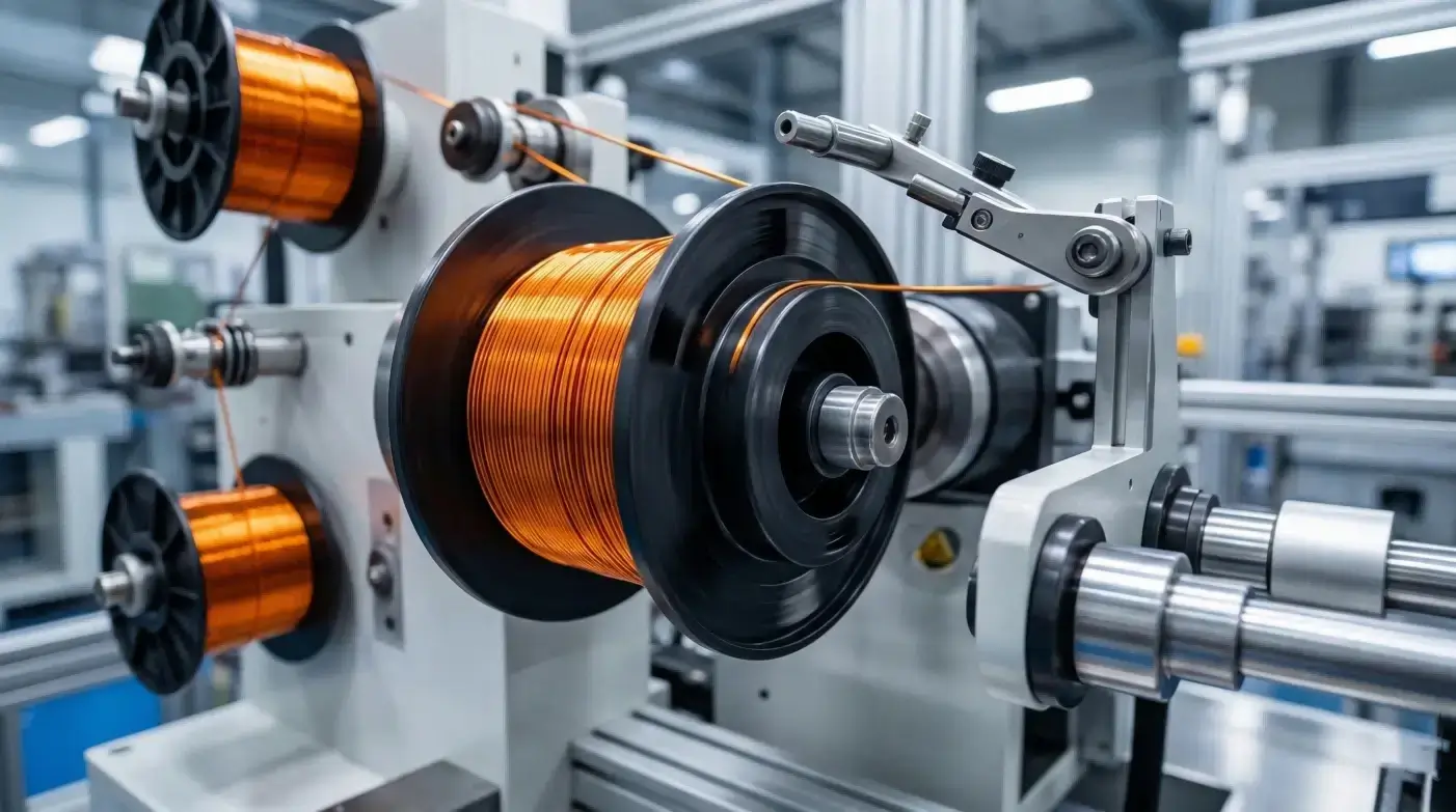 Real-world factory shot of a high-speed automated winding machine coiling copper wire onto a high-barrier electronic transformer bobbin.