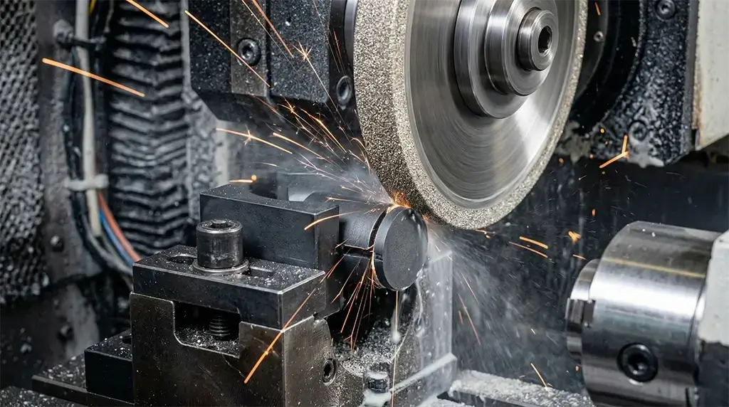 High-precision CNC grinding process creating an exact air gap in the center leg of a ferrite core for a flyback transformer.