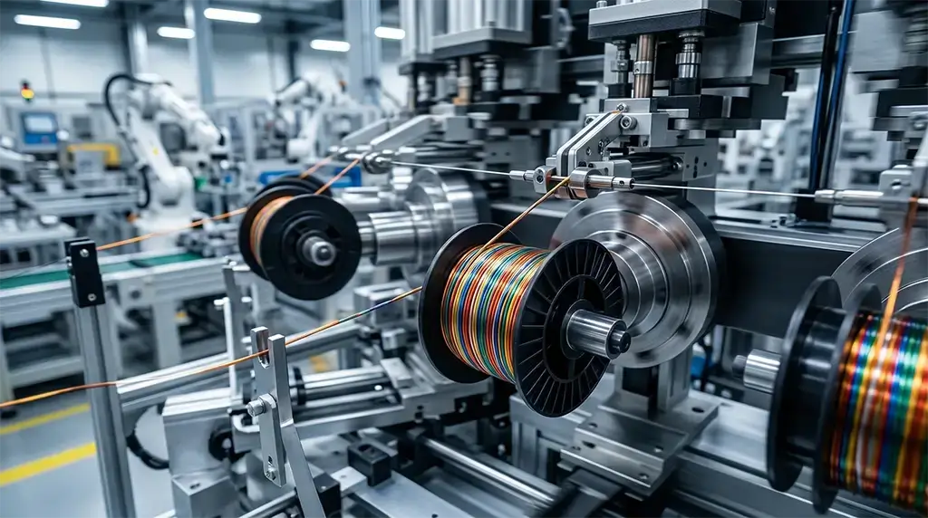 High-speed automated winding process using Litz wire on a professional transformer production line to minimize high-frequency losses.