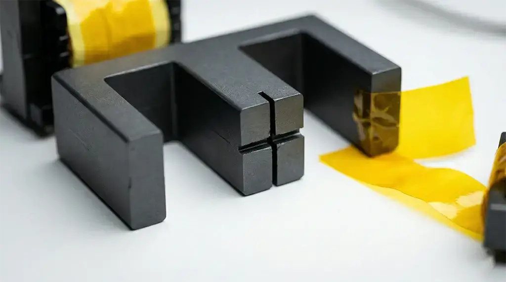 Professional macro view of a ferrite transformer core showing a precision-cut center-leg air gap used for energy storage