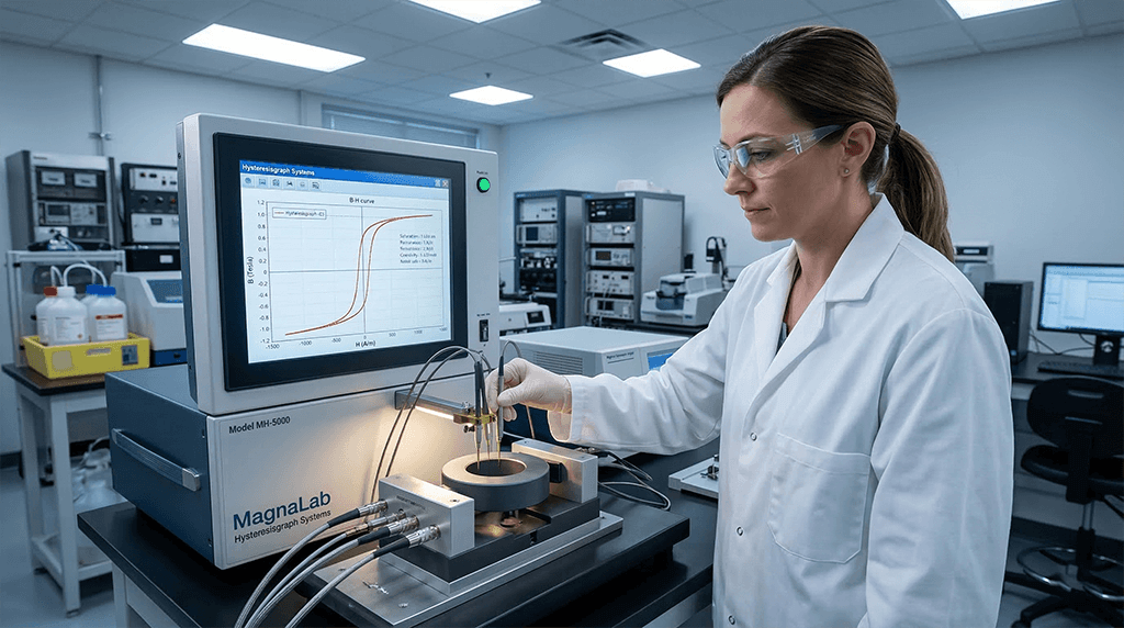 Quality control technician testing the B-H curve and magnetic properties of a transformer core in a manufacturing laboratory.