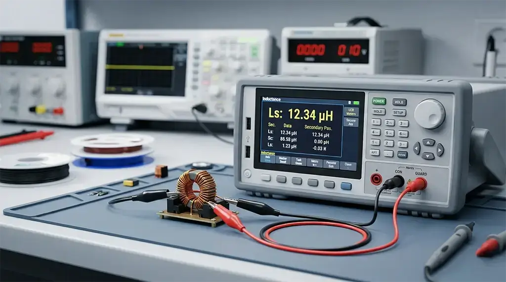 Quality control technician using a digital LCR meter to test the precise inductance of a gapped high-frequency transformer.