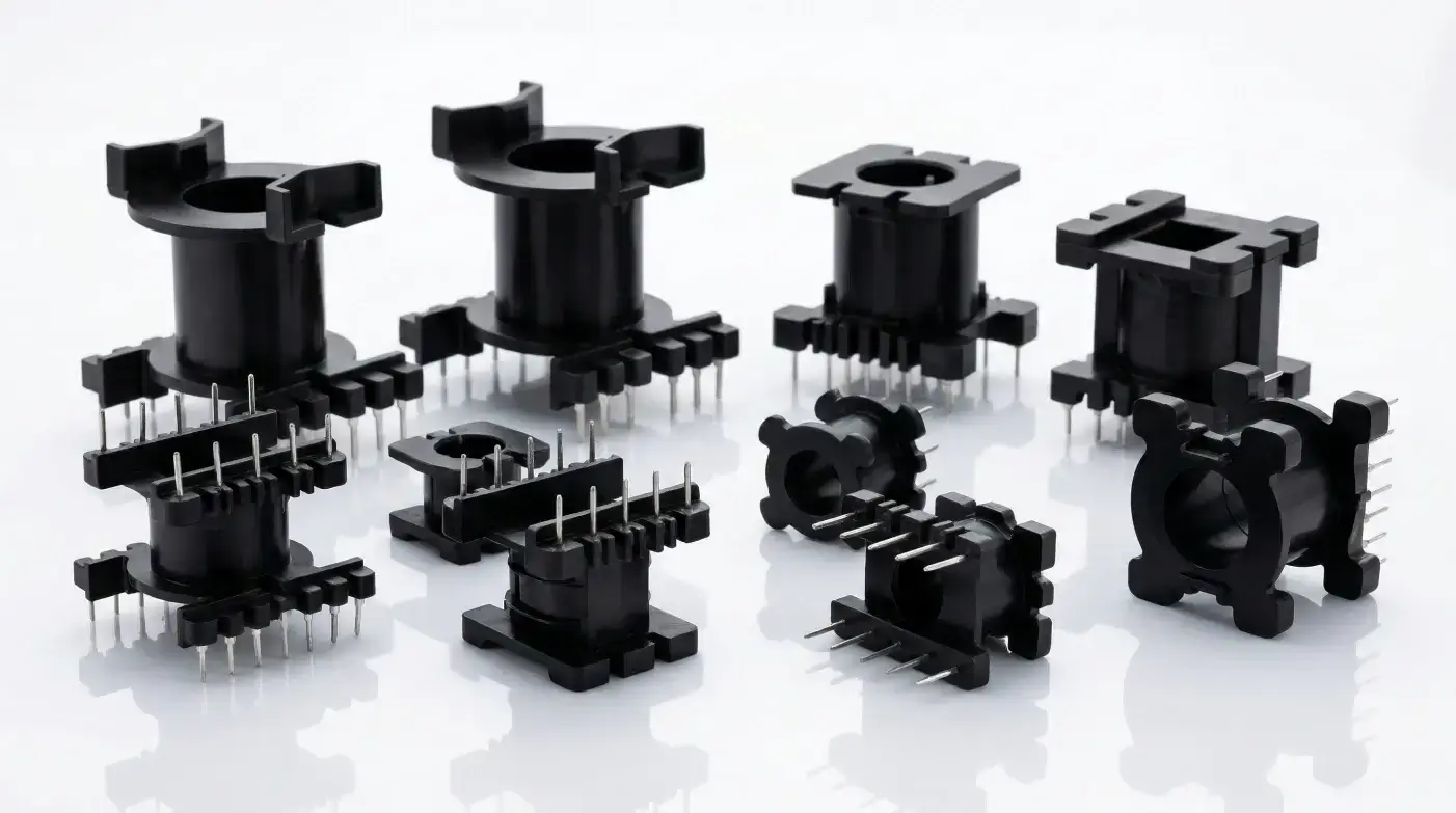 Manufacturer display of various electronic transformer bobbins including PQ, EE, and RM shapes made of durable black phenolic material on a clean white table.