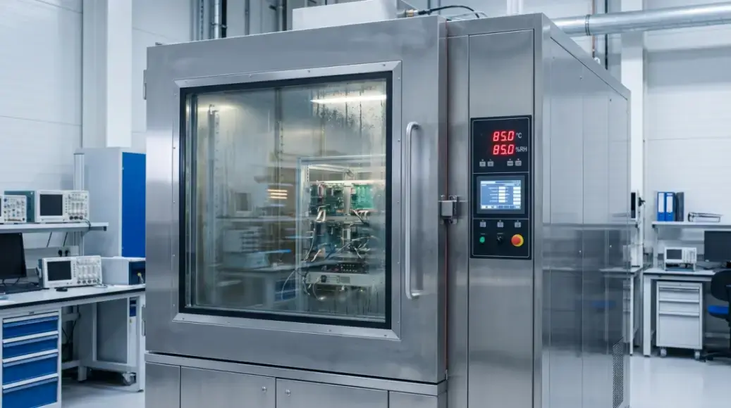 Industrial environmental test chamber running the rigorous Double 85 temperature and humidity experiment on electronic components.