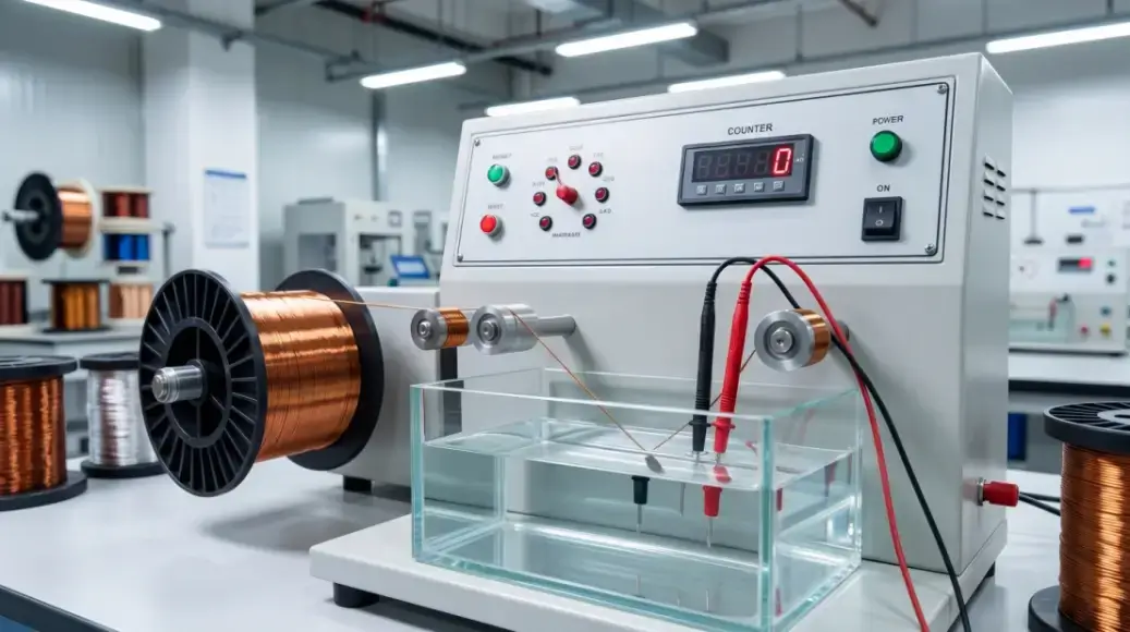 Laboratory setup performing a salt-water pinhole test on enameled magnet wire to ensure insulation integrity.