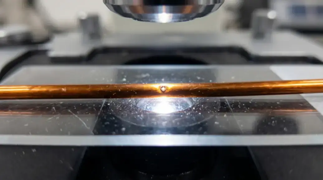 Microscopic view of a dangerous pinhole defect in the insulation layer of enameled copper magnet wire.