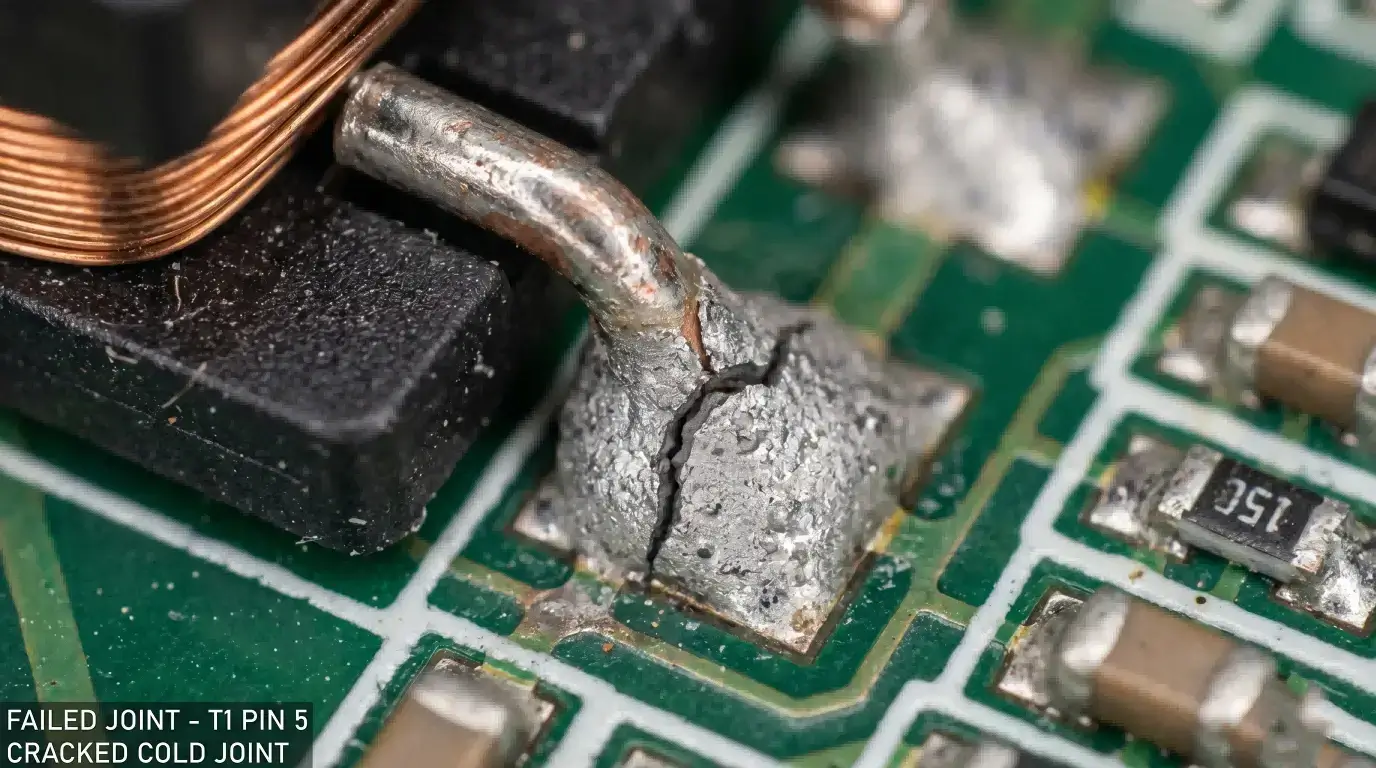 Microscopic view of a fractured cold solder joint on a transformer pin during failure analysis.