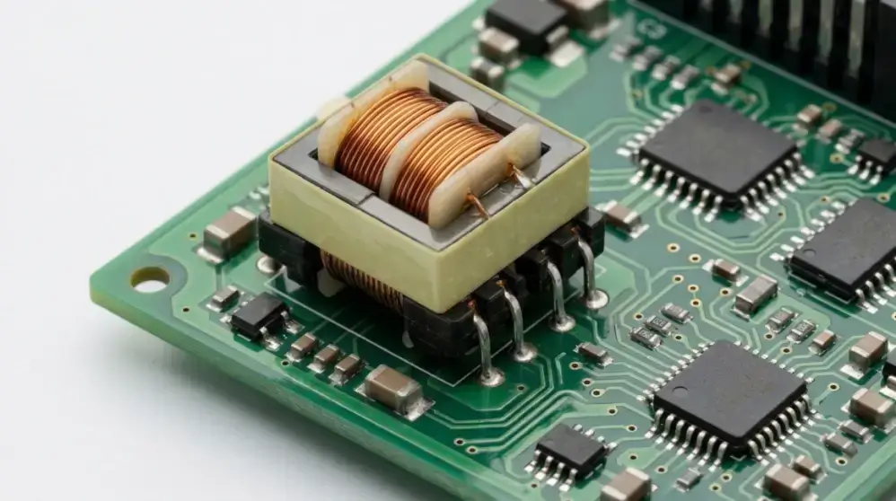 Side-by-side comparison of a traditional wire-wound transformer and a low-profile planar transformer used in GaN chargers.