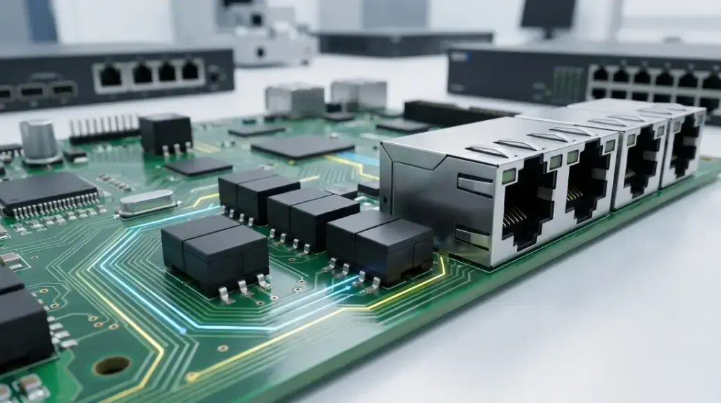 Professional-surface-mount-PoE-transformers-integrated-into-a-high-speed-network-switch-PCB-next-to-RJ45-ports